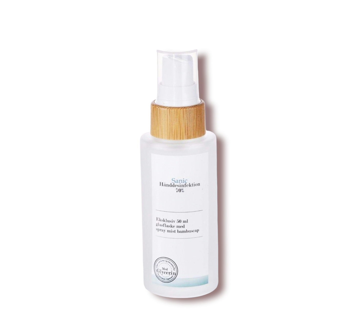 50 ml håndsprit i matteret glasflaske med bambuslåg og spray