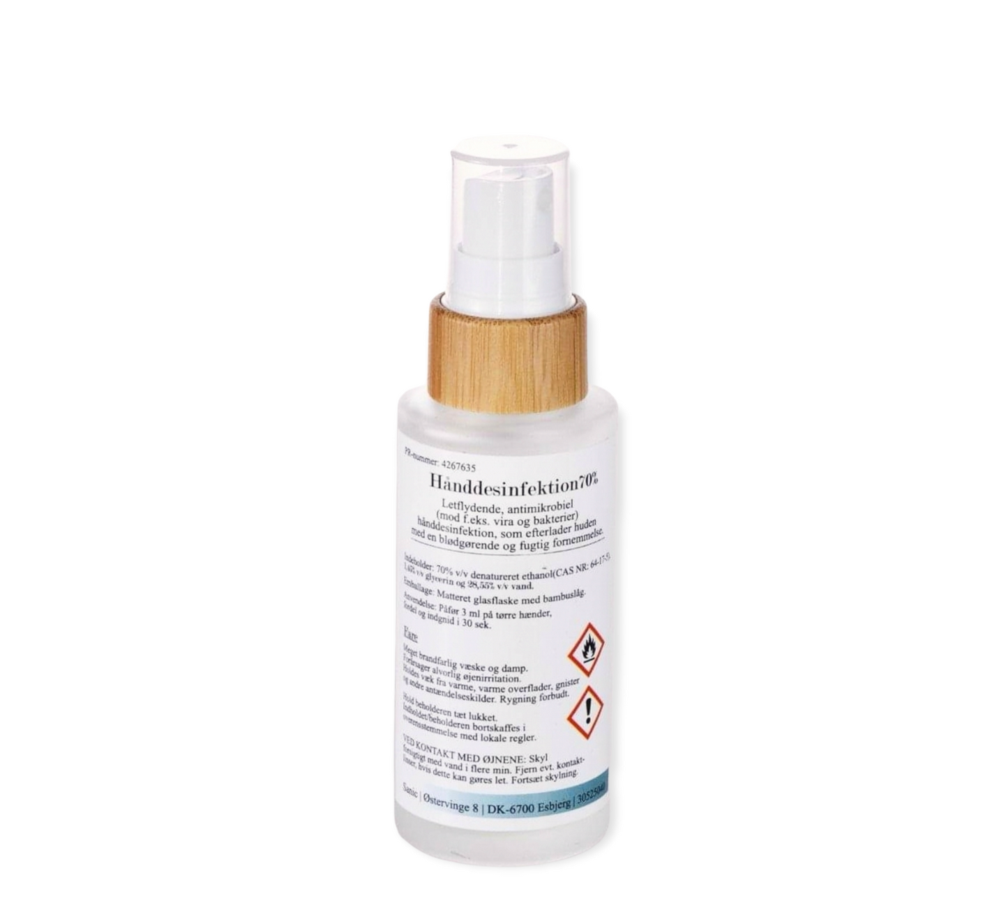 50 ml håndsprit i matteret glasflaske med bambuslåg og spray