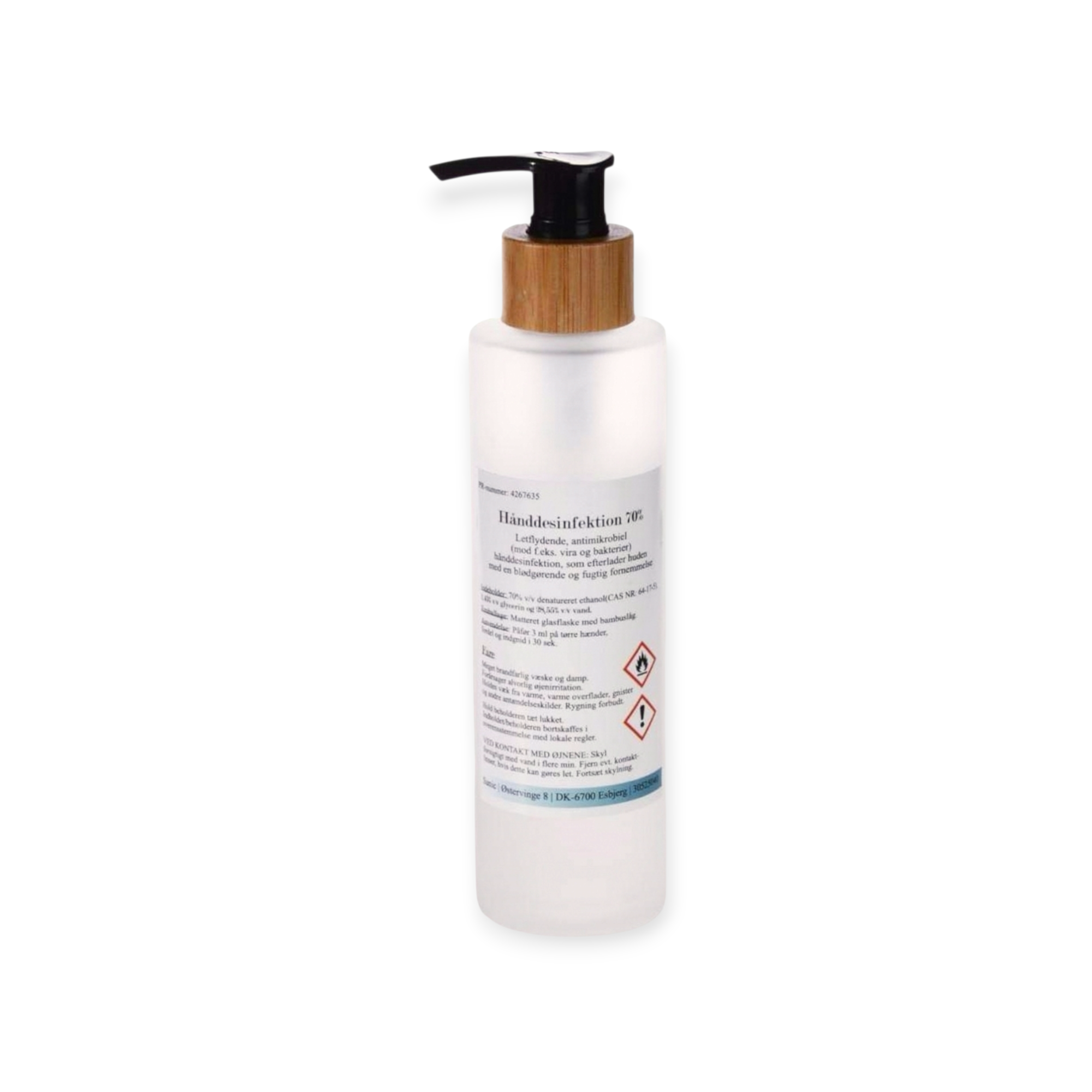 Håndsprit i matteret glasflaske med bambuslåg